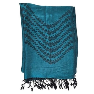 Pashmina Turquoise & Black Embroidered Peacock Scarf Wrap Throw 27"x70" w/Fringe - Picture 1 of 8