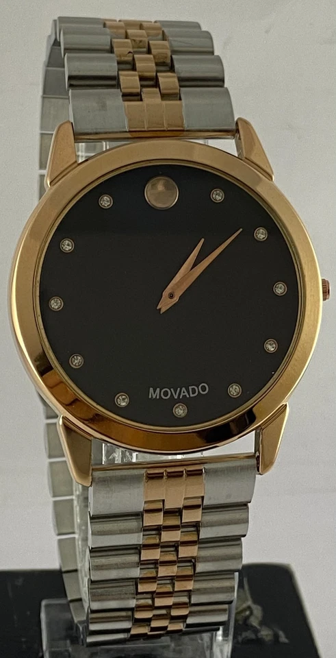 Reloj Pulsera Cuarzo Reacondicionado Aspecto Lujo Doble Tono Movado Delgado Esfera Negra Foto 1 de 4