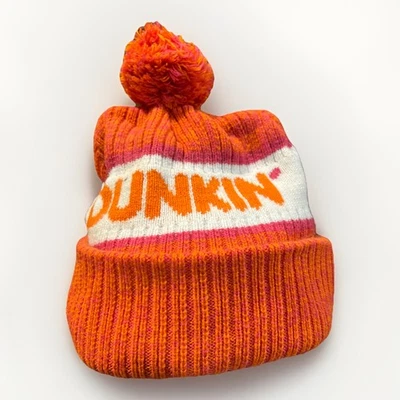 Dunkin’ Donuts Coffee Orange Winter Pom Beanie Cap Hat Snow Spell Out Logo - Image 1 of 3