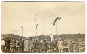 TRAPEZE ARTISTS IN ACTION CIRCUS AERIALIST ACROBATS ANTIQUE REAL PHOTO POSTCARD - Picture 1 of 2
