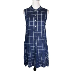 Sophie Max L Chambray Windowpane Check Popover Sleeveless Shift Dress Pockets - Picture 1 of 12