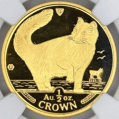 1991 NORWEGIAN ISLE OF MAN HALF CROWN CAT 1/2 OZT .999 FINE GOLD COIN NGC MS 69 - Image 1 of 4