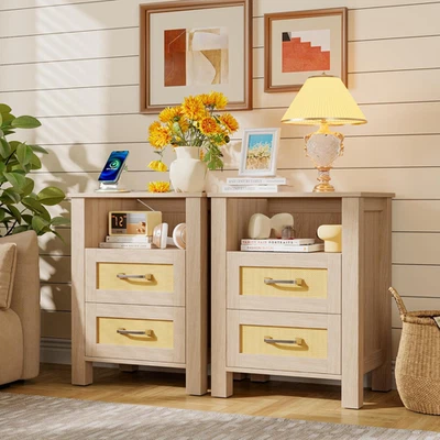 Rattan Nightstands Set of 2 with Charging Station, End Table with 2 Storage Draw - Image 1 of 4