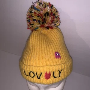 Yellow Lovely Cat Logo  Pink Ghost Pom Pom Beanie Kids Small 3-5 - Picture 1 of 7