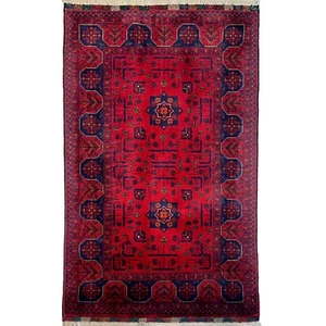 Alfombra de lana oriental afgana Khal Mohammadi roja Bokhara hecha a mano (3'0" x 4'9") - Imagen 1 de 10