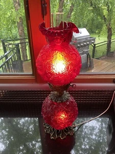 RARE VTG Fenton Ruby Red Poppy Glass Gone With the Wind Hurricane Lamp 24”H - Picture 1 of 21