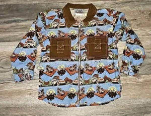 Vintage Top Boys Size 3/4 Jeep & Boot Print Zip Up Multicolored All Over Print - Picture 1 of 7