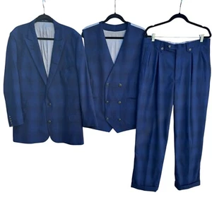 Sergio Valentino Firenze Mens Navy Checkered Wool 3 Piece Suit Vest Pants Set 42 - Picture 1 of 15