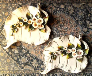 Pair Vtg Corday Cordey Porcelain Wall Plaques #7068 Hibiscus Flowers 9' x 12" - Picture 1 of 9