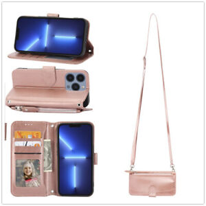 For Various Phone  +Crossbody Strap Zipper Leather Flip Wallet Holder Case Cover