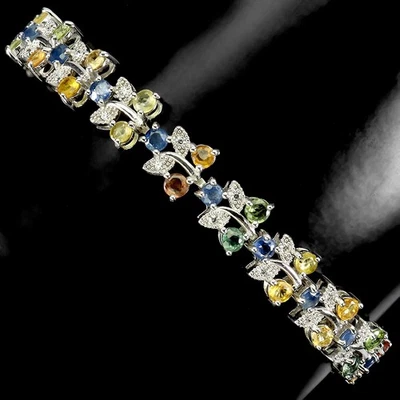 925 Sterling Silver Bracelet Round Sapphire 3mm Natural Gemstone Jewelry 8inches - Image 1 of 4