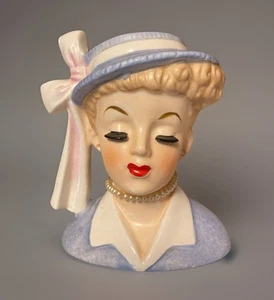 Vintage 1958 NAPCO Ceramic Lady Head Figural Planter Vase Blue C3342C W/Sticker - Picture 1 of 10
