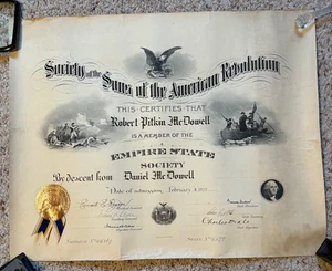 Antiguo Certificado Hijos de la Revolución Americana 1927 Sello NUEVA YORK 24"x19" - Imagen 1 de 6