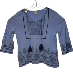 Chicos Tunic Top Embroidered Accents Tassel Blue Bell Sleeve Boho Blouse Sz L - Picture 1 of 4