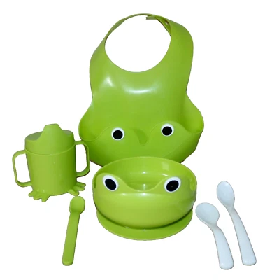 Babero, cuenco, taza y cuchara de rana verde Ikea Mata juego de 4 piezas ~ cucharas para bebé Börja NUEVO Foto 1 de 4