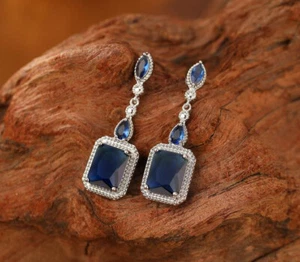 Xmas Special London Blue Topaz Gemstone Silver Flower Stud Hook Earrings - Picture 1 of 12