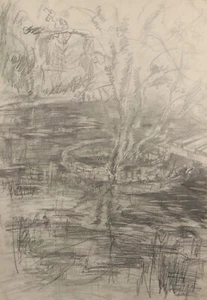 Vintage Original Impresionista Lápiz Dibujo Paisaje - Imagen 1 de 13