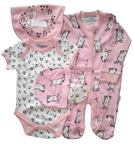 Baby Girl Clothes Gift Set 6-9 Months Bunny Sleepsuit Bodysuit Starter Outfit - Picture 1 of 9