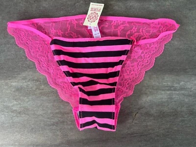 Calcinha Victoria's Secret Vintage Rosa Algodão Listrado Cordão Renda Costas - Imagem 1 de 4