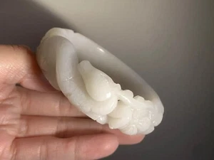 54.5mm Natural Mongolian Jade Bangle Sculpture/Shetei Cui Jade/Fine Hand-Carved - Picture 1 of 6