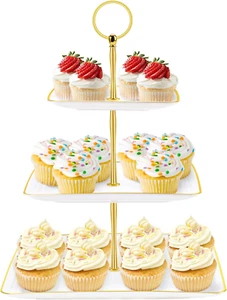3 Tier Cupcake Stand Tower, White Plastic Cup Cake Holder for Dessert Table, Tie - Picture 1 of 12