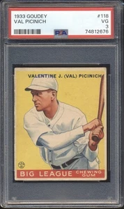 Béisbol Goudey 1933 Valentine J. (Val) Picinich #118 PSA 3 BROOKLYN DODGERS - Imagen 1 de 2