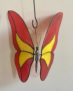 VTG 1981 G.S. Stained Glass Butterfly Suncatcher - Red & Yellow, Large. - Picture 1 of 15