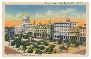 Central Park Havana Cuba National Capitol and Inglaterra Hotel Linen Postcard - Bild 1 von 2