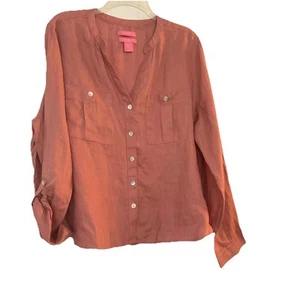 Isaac Mizrahi Womens XL Linen Button Up Shirt Mauve Roll Tab Sleeves Coastal QVC - Picture 1 of 7
