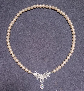 Vintage 50s 60s Glass Heavy Pearl Necklace Silver Diamond Detail Pendant Japan - Picture 1 of 8