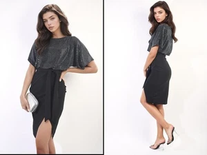 iKrush Taille Pailletten Midikleid Bodycon Midi Länge Rundhals Kurzarm - Bild 1 von 4