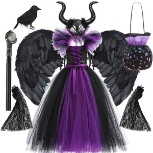Costume cosplay tema Halloween bambina collo malefico vestito tessuto fatto a mano - Foto 1 di 13