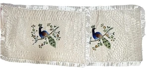 Vintage Satin Peacock Embroidered Pillow Shams Set of 2 Ruffled Ivory Eclectic - Picture 1 of 7