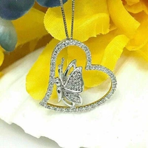1.80Ct Round Cut Lab Created Diamond Butterfly Heart Pendant 14K White Gold Over - Picture 1 of 3