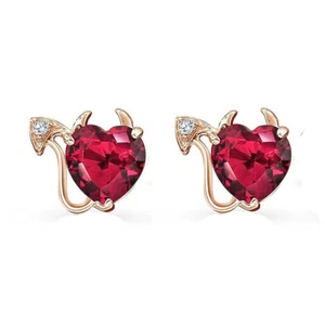 14K Rose Gold Plated Heart Simulated Ruby & CZ Devils heart Stud Earrings - Picture 1 of 7
