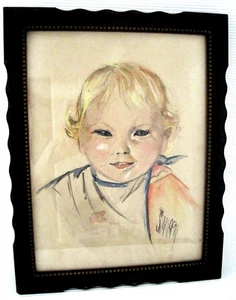 Vintage Baby Pastel Original Drawing Framed under Glass Signed Swerofsky - Picture 1 of 1