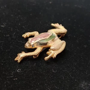 Amphibian Frog Brooch Pin Blue Crystal Eyes Green Brown Enameled Gold Tone Vtg - Picture 1 of 9