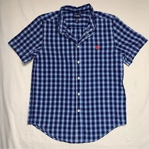 Chaps Blue White Plaid Boys XL 18-20 Short Sleeve Button Down Dress Shirt Easter - Picture 1 of 5
