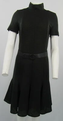Akris Punto Blk Textured Short Sleeve Flare Dress with Mock Neck and Belt Size 8 - Image 1 of 4