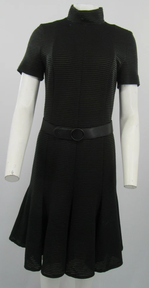 Akris Punto Blk Textured Short Sleeve Flare Dress with Mock Neck and Belt Size 8 - Image 1 of 4