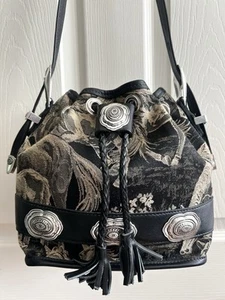 Vintage 1996 RUNNING STALLIONS Tapestry Concho Leather Western Bucket Bag Purse - Picture 1 of 18