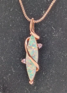 Faux Wrapped Long Opal Pendant Copper Tone Chain Rhinestones 17" - Picture 1 of 7