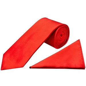 Plain Bright Red Satin Classic Men's Tie and Pocket Square Set Wedding Formal - Picture 1 of 4