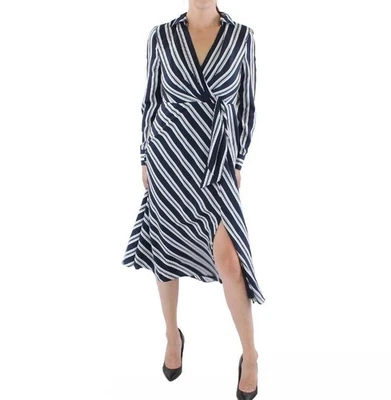 Nuevo Vestido para Mujer Ralph Lauren 16 Envoltura MIDI Damas AZUL Blanco Manga Larga Cuello en V Foto 1 de 4