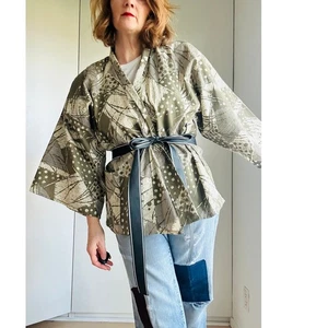 Vintage Handmade Kimono Kurzjacke Gr. Medium Khaki Geometrisches Muster Baumwolle - Bild 1 von 11