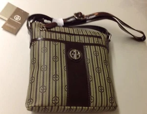 GIANI BERNINI Tan Dark Brown Stripe Signature Crossbody Bag Purse - Picture 1 of 12