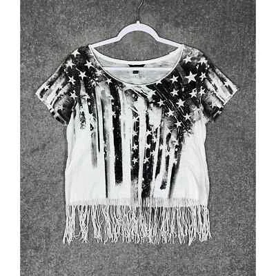 Rock & Republic Short Sleeve Flag Rhinestone Fringe Hem Top Womens Size Large - Image 1 of 4