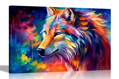 Magical Wolf Gaze Colourful Canvas Wall Pictures Wildlife Abstract Art Prints - Image 1 of 4