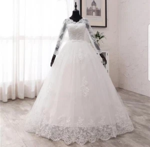 UK White/Ivory Long Sleeve Floor Length Lace A Line Wedding Dresses Size 6-22 - Picture 1 of 7