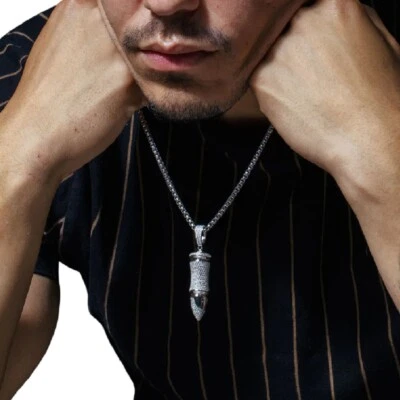 Argento Sterling Pallottola Hip Hop Ciondolo Con / Micro Pavé Cubici Zirconia - Immagine 1 di 3